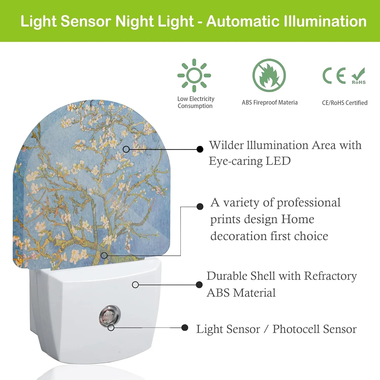 Van Gogh Almond Blossom Night Light, Dusk to Dawn Sensor Night Lights for Bedroom Bathroom Kitchen Hallway Stairs Hallway, Plug into Wall Nightlights