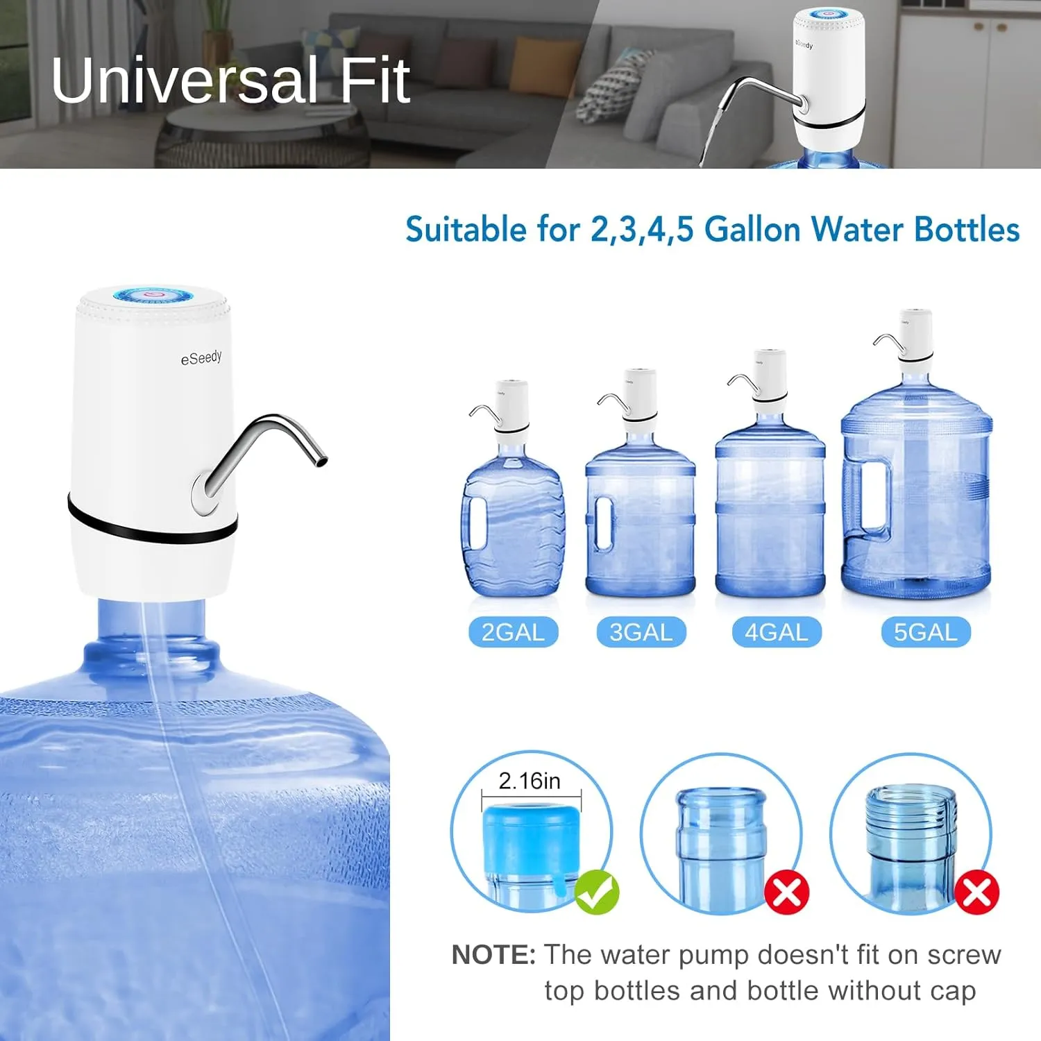 Water Pump for 5 Gallon Bottle, USB Charging Automatic Water Dispenser with Rechargeable Battery, Portable Electric Drinking Water Jug Pump for Home, Kitchen, Living Room, Office, Camping - White