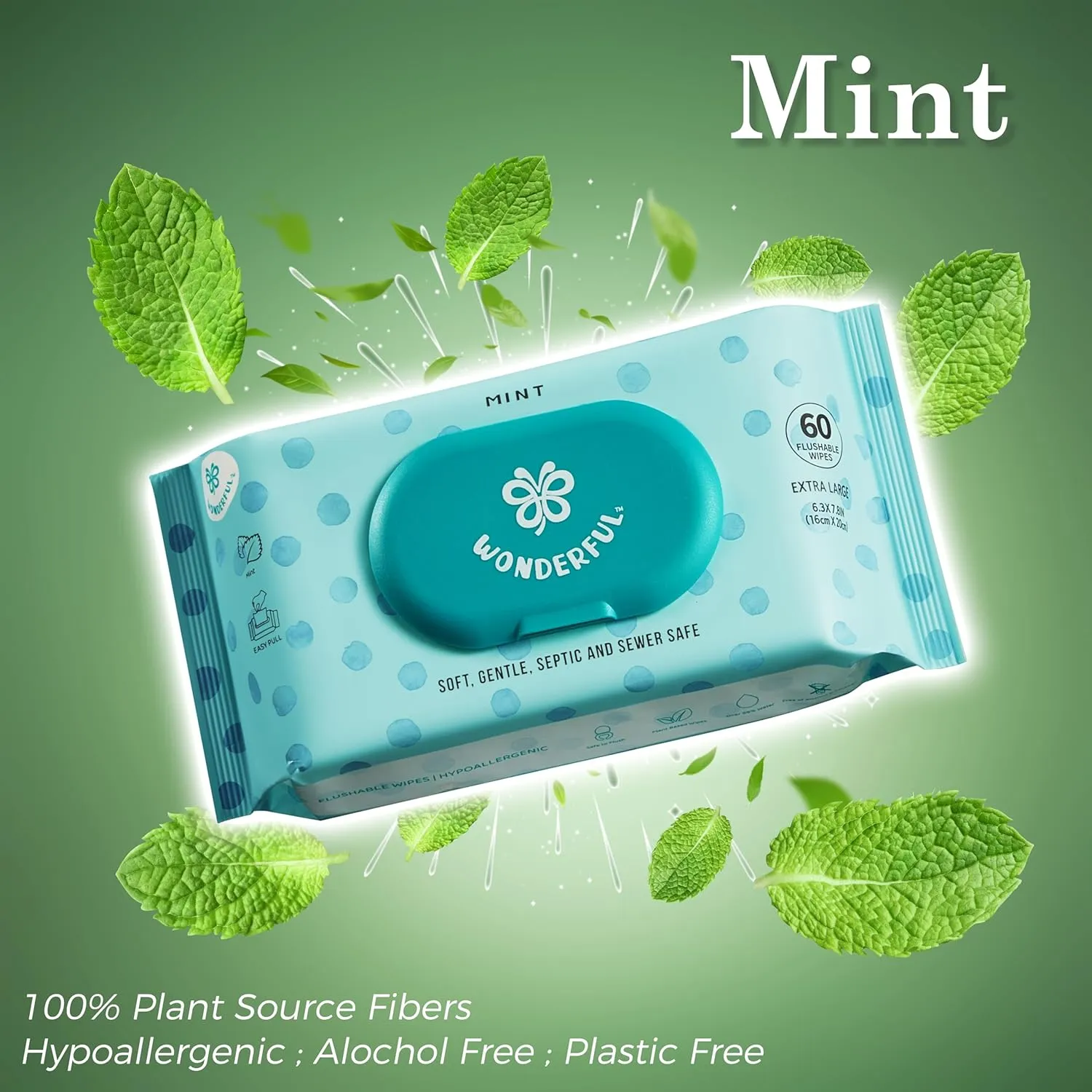 WONDERFUL Flushable Butt Wipes, Mint 100% Plant-Based Wet Wipes for Adults & Kids, Sewer & Septic Safe, Gentle for Sensitive Skin, Wipes Flushable Pack for Bathroom & Travel, 3-Pack (180 Wipes)