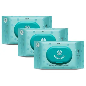 WONDERFUL Flushable Butt Wipes, Mint 100% Plant-Based Wet Wipes for Adults & Kids, Sewer & Septic Safe, Gentle for Sensitive Skin, Wipes Flushable Pack for Bathroom & Travel, 3-Pack (180 Wipes)