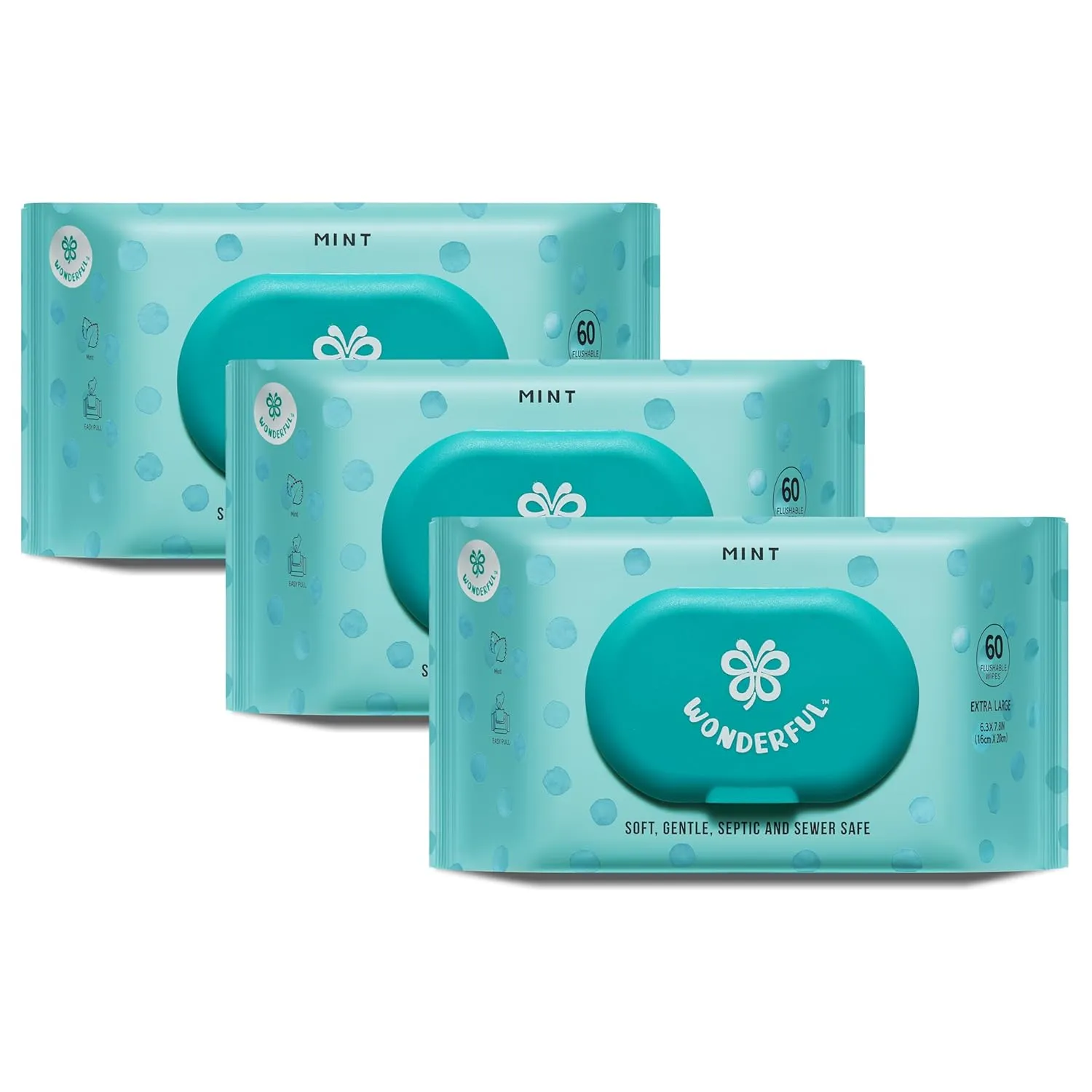 WONDERFUL Flushable Butt Wipes, Mint 100% Plant-Based Wet Wipes for Adults & Kids, Sewer & Septic Safe, Gentle for Sensitive Skin, Wipes Flushable Pack for Bathroom & Travel, 3-Pack (180 Wipes)
