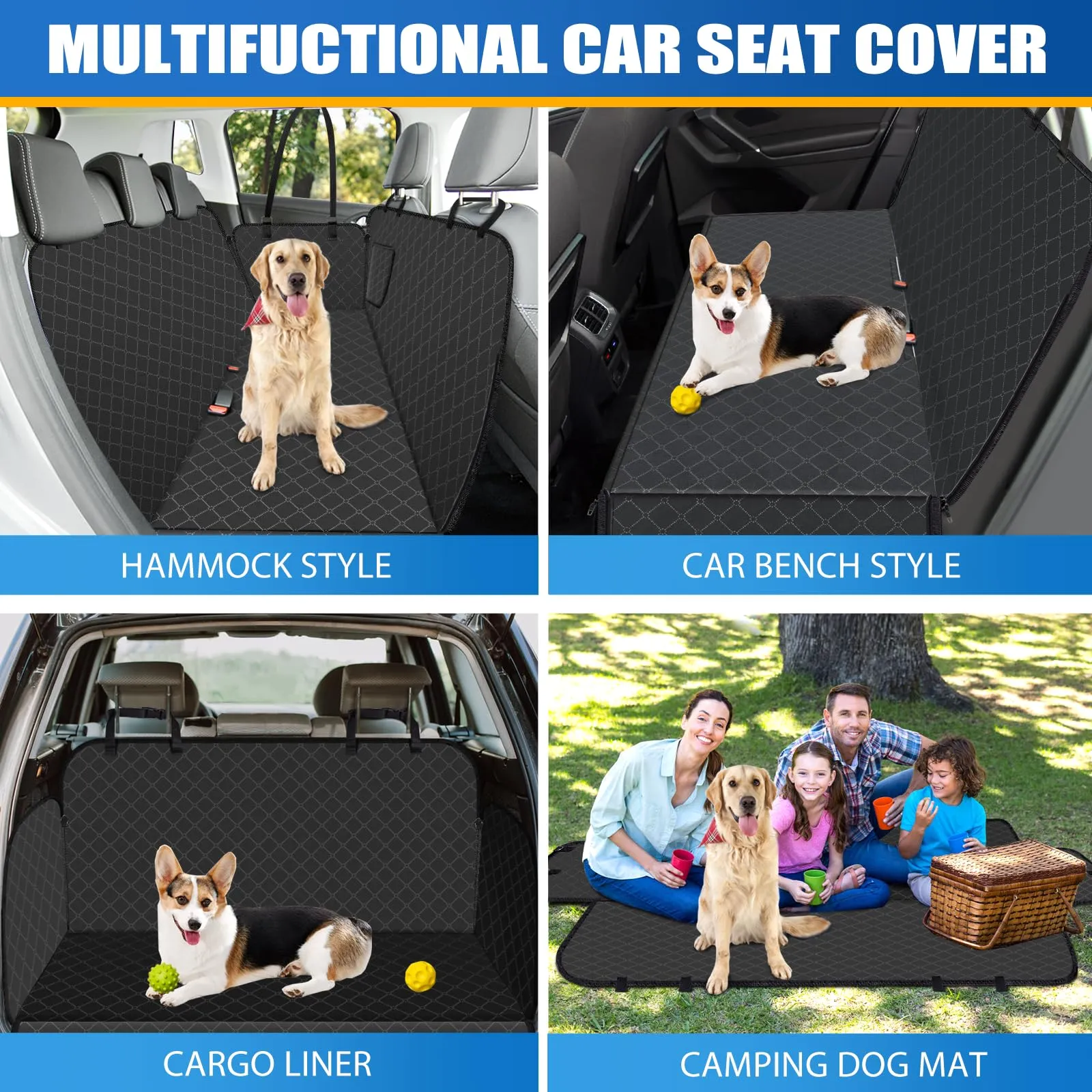 WoofKnows Dog Car Seat Cover for Back Seat Dog Seat Cover with Storage Pocket Dog Hammock Protects Against Dirt Dog Seat Covers for Cars Scratch Prevention Fits for SUVs and Trucks 54"x 58", Black