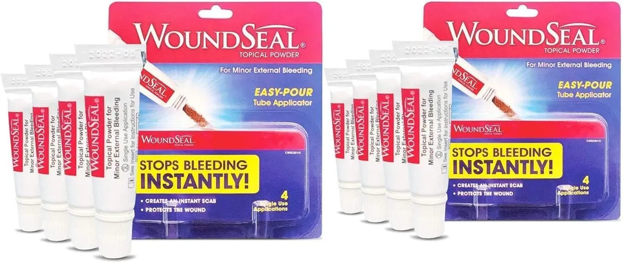 WoundSeal Powder 4 Each (Pack of 2) - Wound Care First Aid for Cuts, Scrapes and Abrasions - Stops Bleeding in Seconds Without Stitches or Bandages - Safe and Effective for People of All Ages and Pets