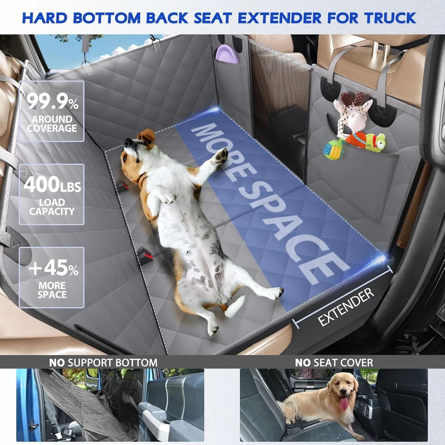 XL Crew Cab Truck Back Seat Extender for Dogs Hard Bottom 59x29, Dog Seat Cover for Back Seat Waterproof, Dog Hammock for Truck Full Size, Pet Seat Covers for Crew Cab F150, RAM1500, Tundra, Silverado