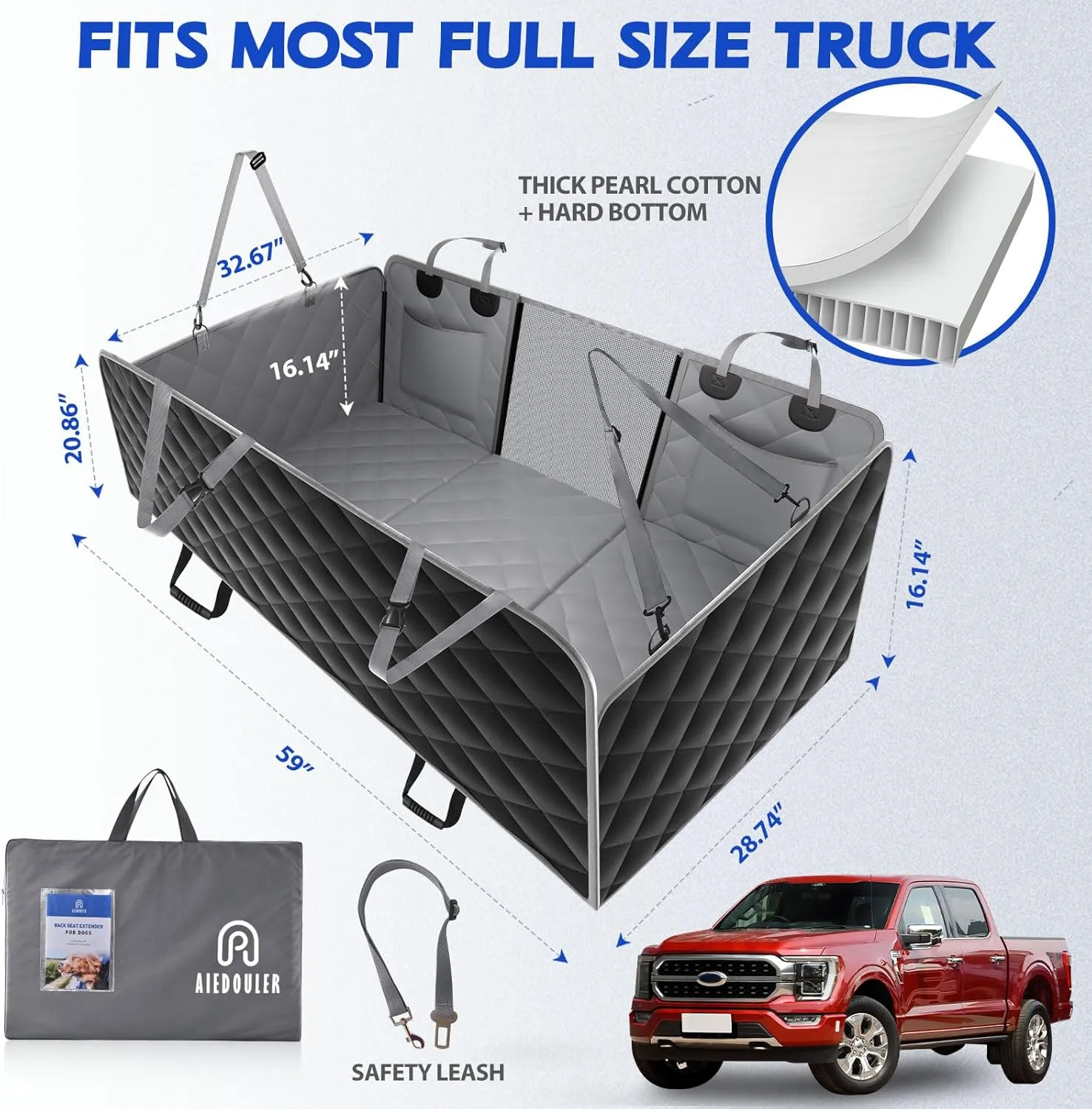 XL Crew Cab Truck Back Seat Extender for Dogs Hard Bottom 59x29, Dog Seat Cover for Back Seat Waterproof, Dog Hammock for Truck Full Size, Pet Seat Covers for Crew Cab F150, RAM1500, Tundra, Silverado